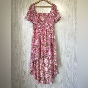 Womens As U Wish Pink Floral Ruched Chiffon Playful  High Low Dress - Sz L EUC
